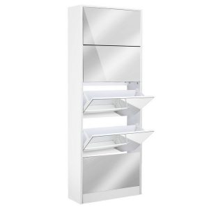 Artiss 5 Drawer Mirrored Wooden Shoe Cabinet – White