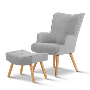 Artiss Armchair and Ottoman – Light Grey