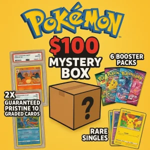 Pokemon $100 Mystery Box – 2x pristine 10 graded cards + 6x packs + Rare singles