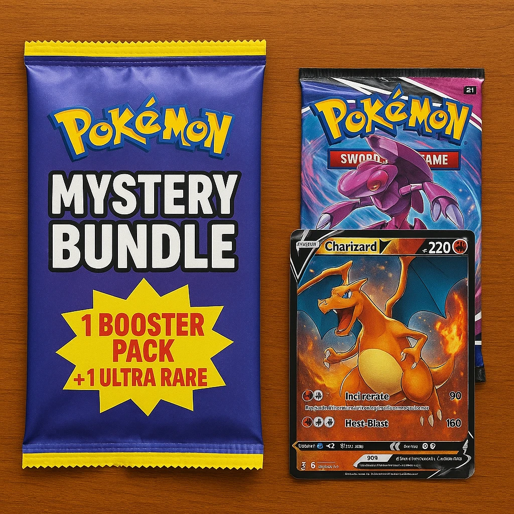 Pokemon mystery bundle includes one booster pack and one ultra rare or better