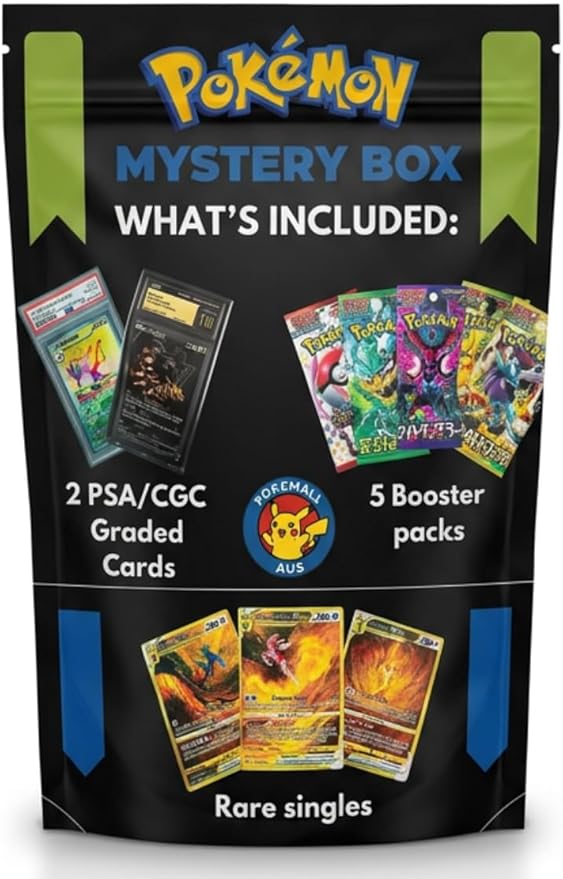 Pokemon Mystery Box with 2 PSA/CGC Graded Cards, 5 Booster Packs, Plus Rare Singles